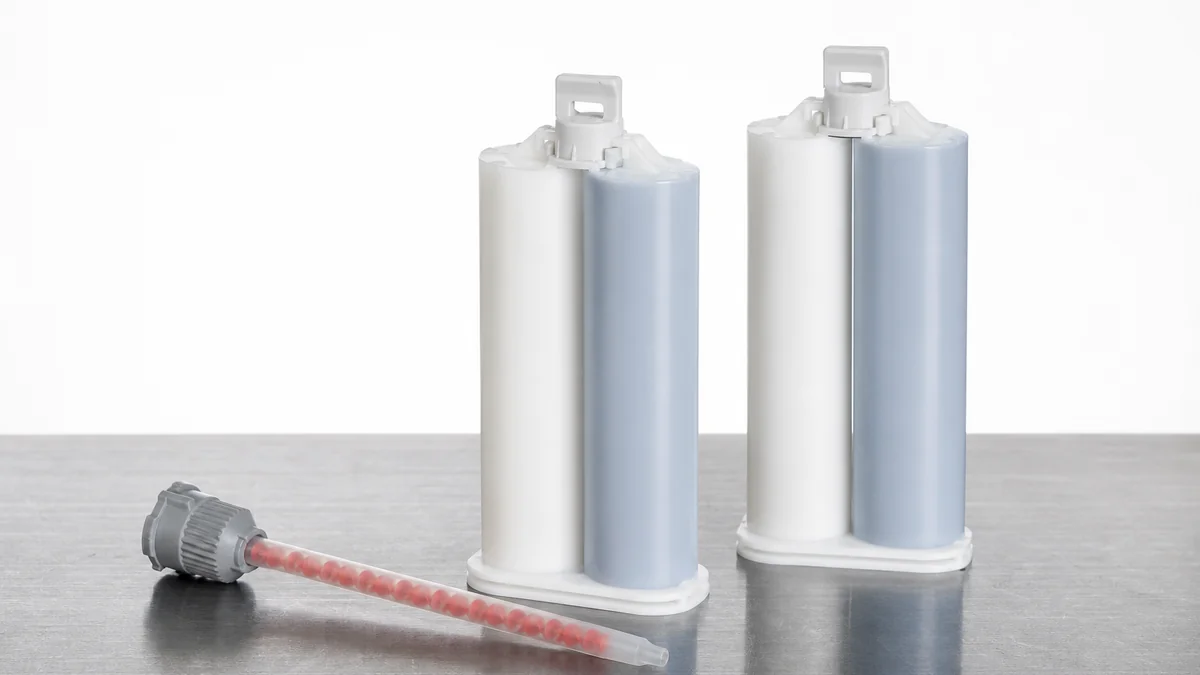 Two-part acrylic adhesive cartridges and mixing nozzles